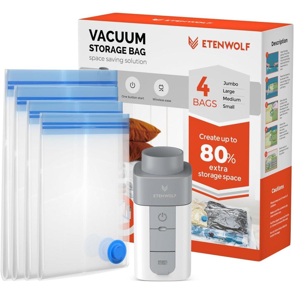 imageETENWOLF 20 Pack Vacuum Storage Bags with Rechargeable Wireless Pump Vacuum Seal Bags for Clothes and Travel Space Saver Bags in Multiple CarryOn Sizes Perfect for Luggage and SuitcasesCordless Air Pump4 Pack