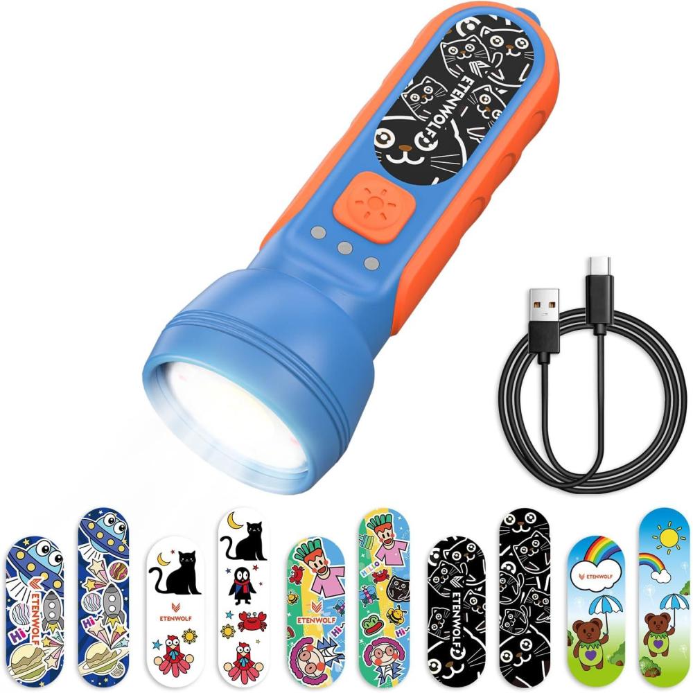 imageETENWOLF L1 Rechargeable Flashlight for KidsLED Flashlight with Fun DIY Stickers 6 Light Modes Adjustable Brightness 1500mAh Battery IPX5 Waterproof Flashlight for Camping Home ampamp Emergency1