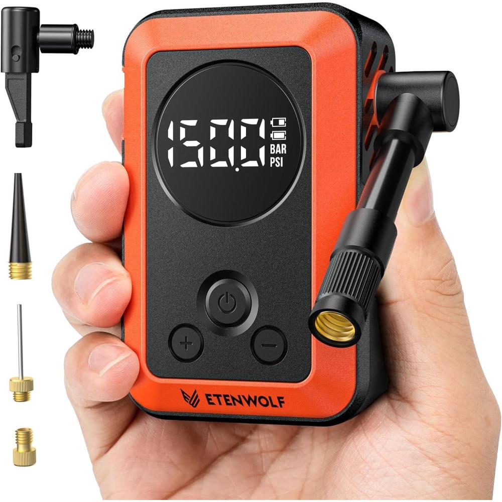 imageETENWOLF S0 Mini Bike Pump 150 PSI Tire Inflator Portable Air Compressor for Bicycles Cars Motorcycles and Sports Balls Fast Inflate ampamp Auto Stop Bicycle Pump with GaugeVivid Orange