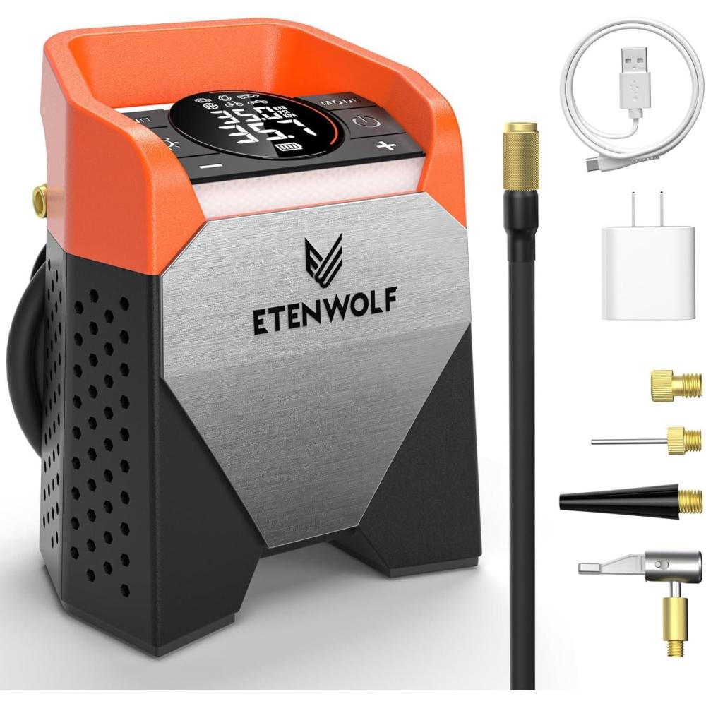 imageETENWOLF Zephyr S5 HeavyDuty Tire Inflator Portable Air Compressor 160PSI ampamp15600mAh Cordless Air Pump with LED Light for Car Tires Bike Motorcycle Balls Pickups Vivid OrangeOrange
