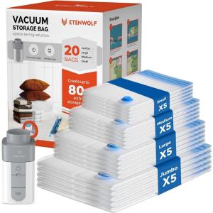 ETENWOLF 20 Pack Vacuum Storage Bags with Rechargeable Wireless Pump, Vacuum Seal Bags for Clothes and Travel, Space Saver Bags in Multiple Carry-On Sizes, Perfect for Luggage and Suitcases(Cordless Air Pump+20 Pack)