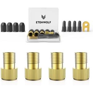 ETENWOLF Brass Presta Valve Adapter 4 Pack, Convert Presta to Schrader Valve Adaptor, Easy Inflation with Standard Pump or Air Compressor, Includes 8 Valve Caps